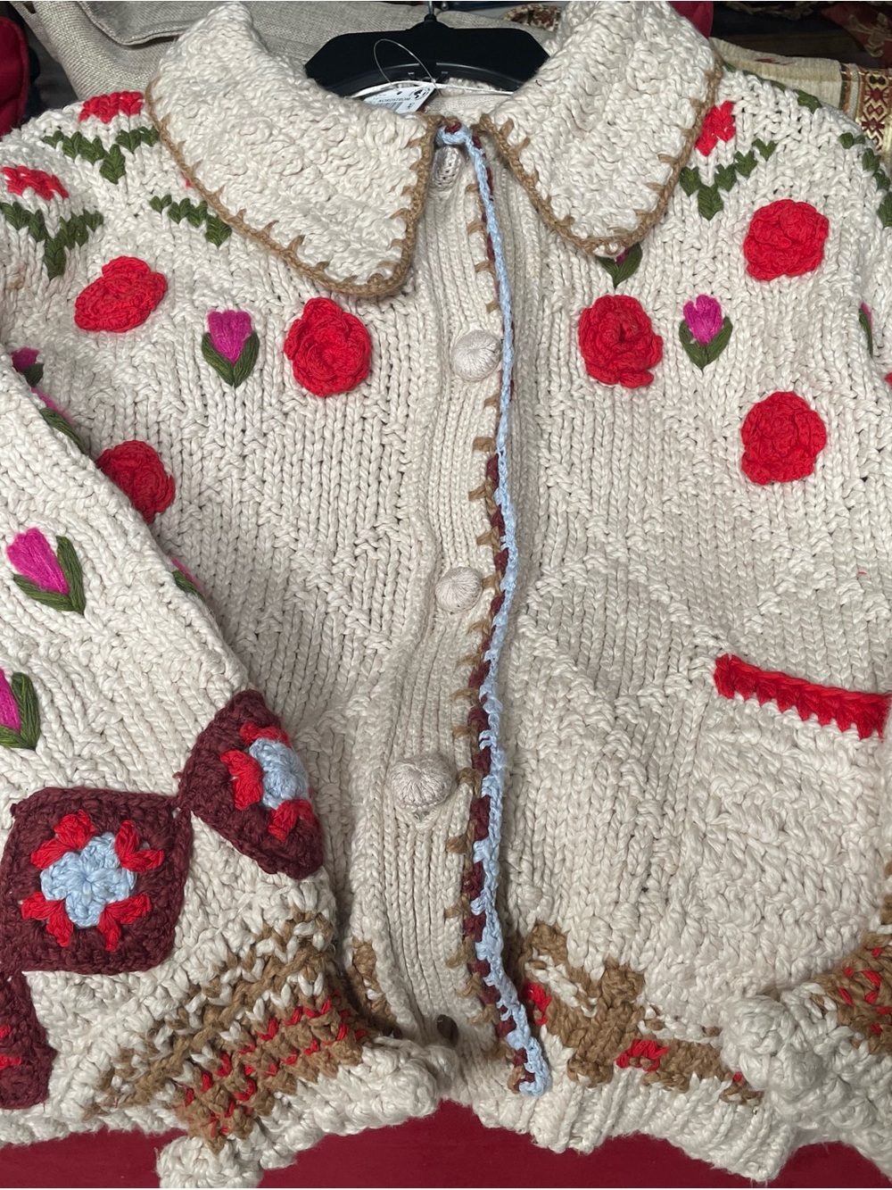 Free People Cream Knit Cardigan with Red Floral Appliqués - Picture 2 of 5